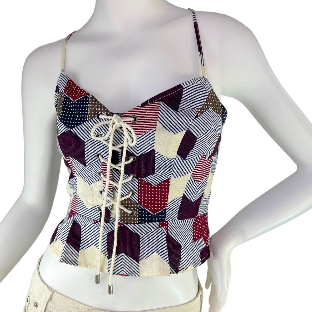 Free People Front Lace Cropped Corset Patchwork Print Tank Top Size Small